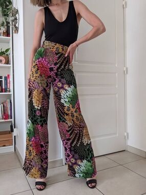 Ella Black Wide-Leg Palazzo Pants with Multicolor Floral Print